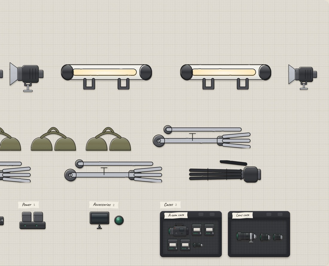 The Gear Closet's table: lights, tubes, sandbags, folded C-stands and a tripod laid out to scale on a gridded mat, with two open cases holding a camera, batteries and lenses.