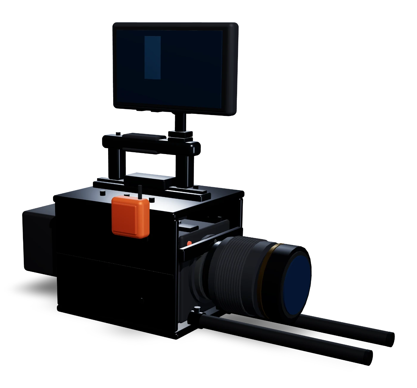 The FX6 rig as the Rig Builder draws it: the camera in its cage with a 50mm lens and 15mm rods, a NATO top handle carrying a 5-inch monitor on its cold shoe, a Tentacle Sync E on the cage’s left cold shoe and a V-mount battery on the rear plate.