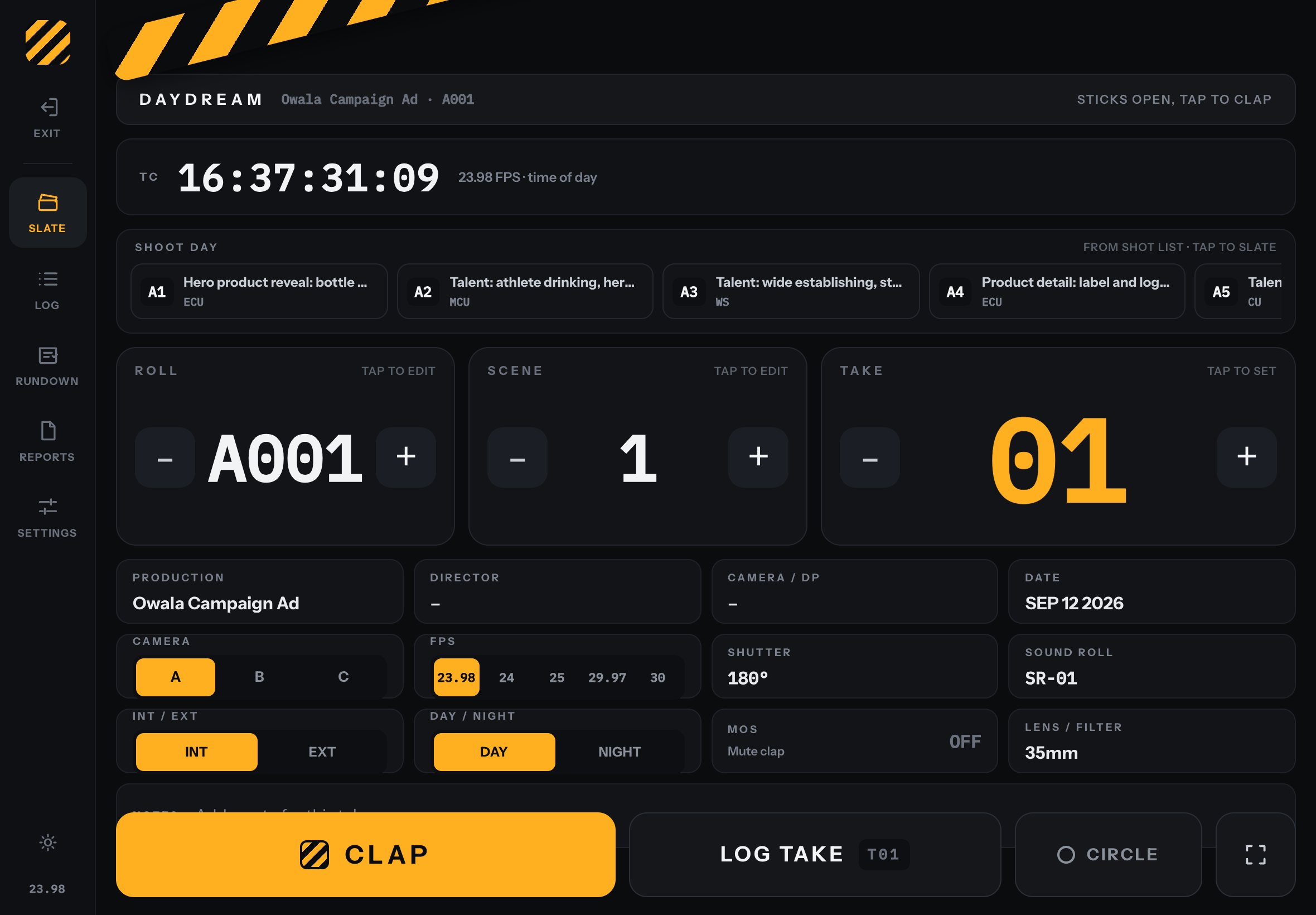Production Mode on an iPad: the clapper, running timecode, the day's shots from the shot list, roll, scene and take, the slate details, and the clap button.